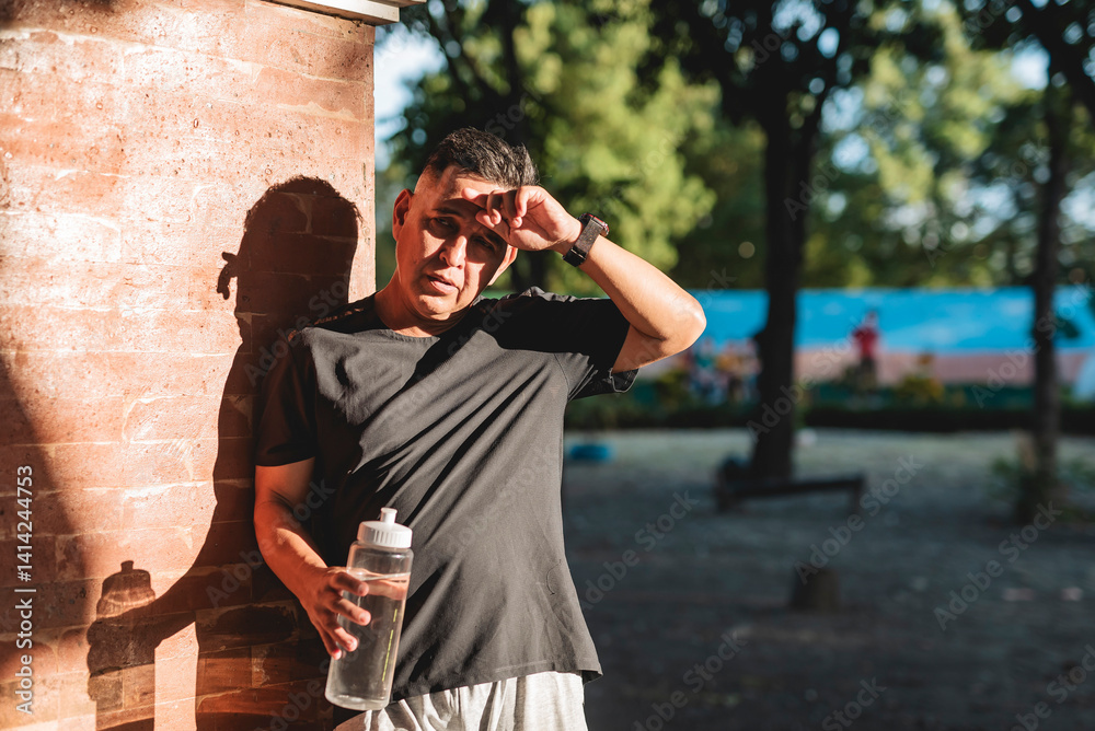 Φωτογραφία Middle aged Southeast Asian man wipes sweat from his brow, exhausted after exercising in hot and humid weather at the park
