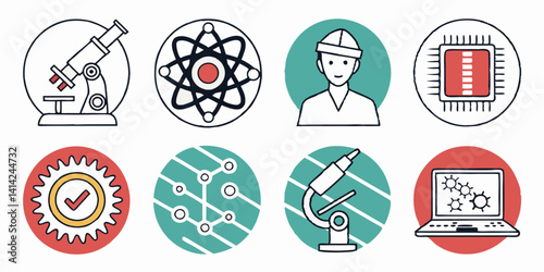 STEM Icons Science Technology Engineering Flat Line Art Illustration Set