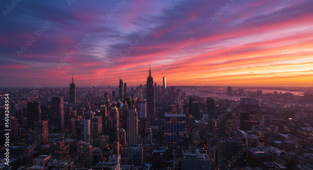 Obraz premium City Skyline at Sunset with Colorful Sky Over Buildings