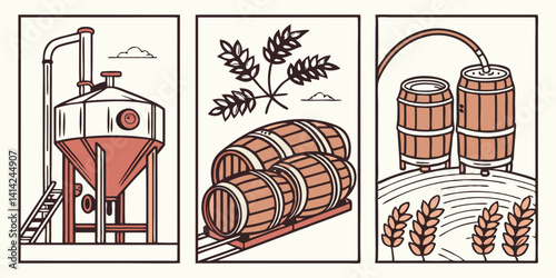Vintage Beer Brewing Illustration Wheat Wooden Barrels