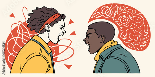 Red Swirls Angry People Conflict Cartoon Illustration