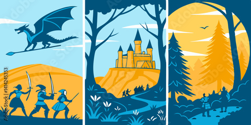 Vector Fantasy Adventure: Dragon, Medieval Castle, Forest Scene, Swordsmen, Flat Style