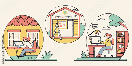 Cartoon Line Art Illustrations: Remote Work From Home - People in Home Office, Shed, Garden