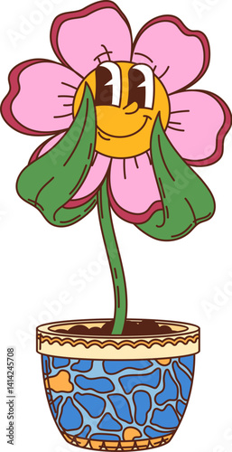 Cartoon groovy hippie flower potted plant character. Vector cheerful bloom with pink petals and yellow face smiles from a mosaic patterned blue pot, embodying a fun, nostalgia and hippie y2k vibe