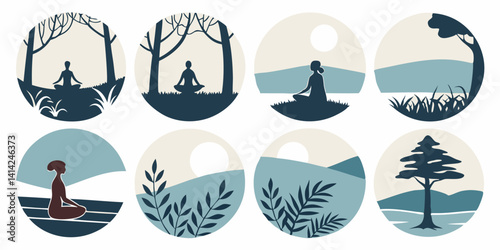Minimalist Meditation Nature Vector Icons Mindfulness Wellness Set