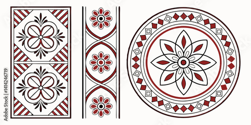Vintage Geometric Floral Red Black Tile Textile Patterns