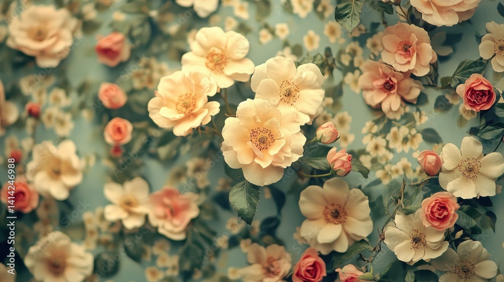 Fototapeta premium Vibrant floral pattern with orange and yellow roses and green leaves on blue background
