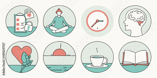 Wellness Self-Care Icons Flat Illustration Checklist Meditation Clock Brain Heart Sunrise Coffee Book