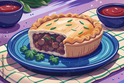Classic Australian meat pie and ketchup on Wooden platter featuring, cartoon design Flat style vector illustration
