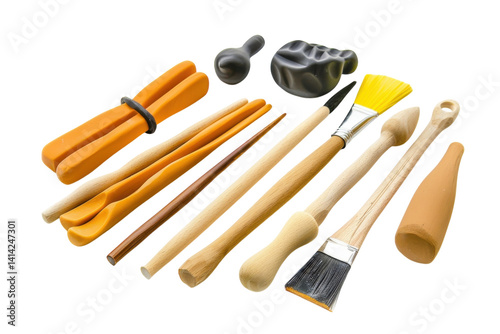 Neatly arranged artistic tools for creative expression and craftsmanship isolated on transparent background