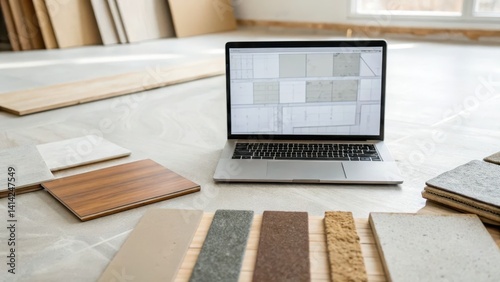 Interior design workspace with materials and laptop for flooring selection. budget Home Renovation and Flooring Concepts