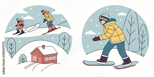 Cartoon Winter Scene: Skiing, Snowboarding, Snowshoeing, Cabin, Trees Illustration