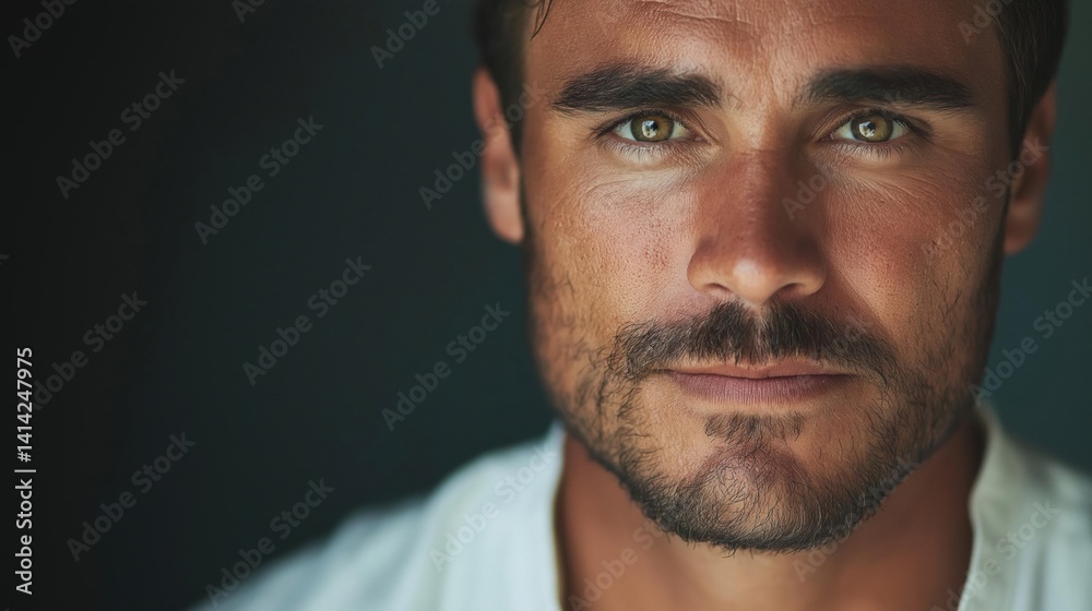 Obraz premium Close-up portrait of a man's face. he appears to be in his late twenties or early thirties, with short dark hair and a beard.