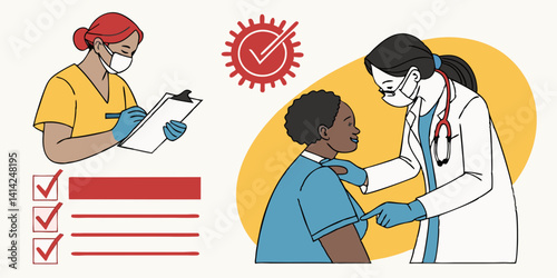 Doctor Nurse Patient Medical Examination Checkup Cartoon Vector Healthcare Pandemic Virus Protection Clinic Hospital Wellness Care