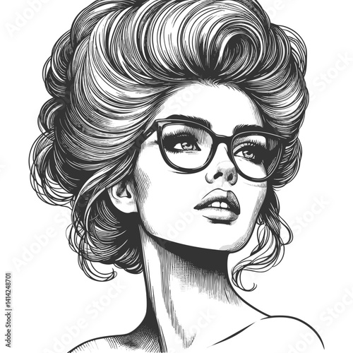 woman with large glasses and voluminous wavy hair, gazing thoughtfully sketch engraving generative ai fictional character vector illustration. Scratch board imitation. Black and white image.
