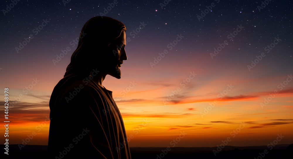 Fototapeta premium Silhouette of a Person Contemplating the Sunset and Starry Sky
