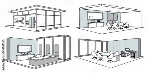 Office Building Interior Sketch Line Drawing Meeting Rooms Desks Chairs