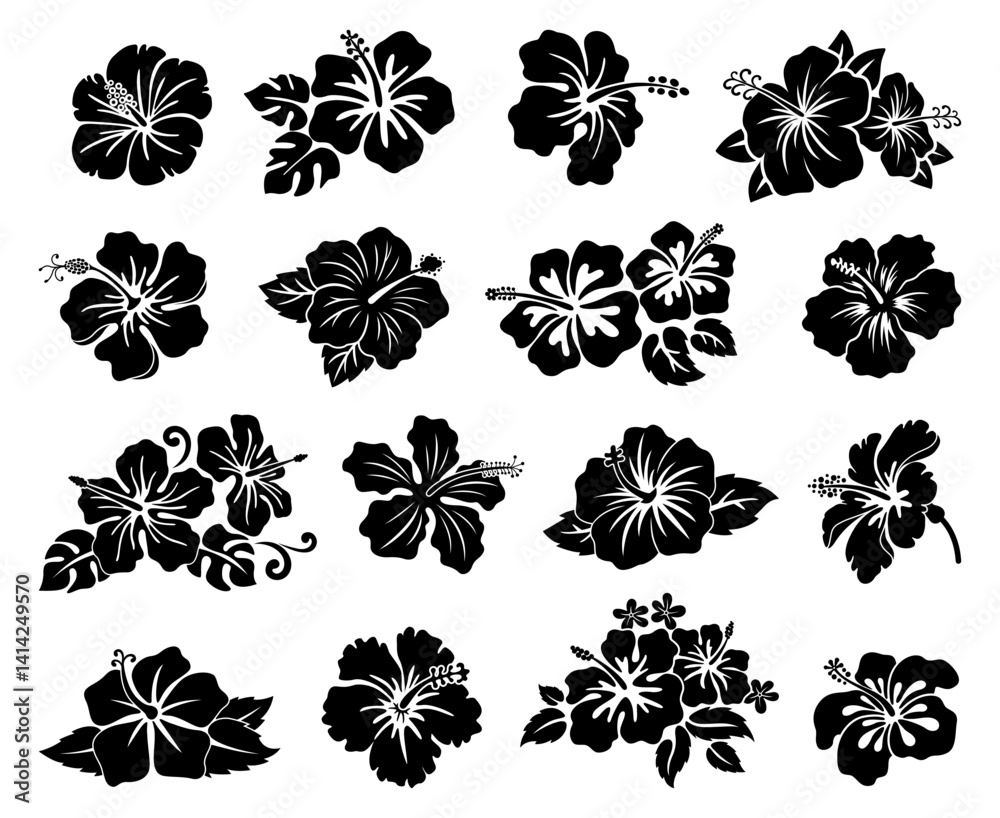 Fototapeta premium Hawaii tropical hibiscus flowers set, black stencil silhouette tattoo. Vector set of monochrome hawaiian and polynesian vegetation blooms, floral decal elements of culture, beauty and nature