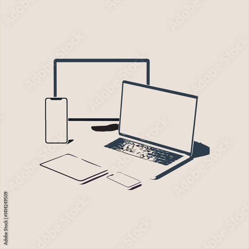 Modern Digital Devices Collection – Minimal Vector Illustration of Laptop, Tablet, and Smartphone
