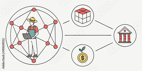 Farmer Blockchain Finance Network Bank Investment Agriculture Cartoon