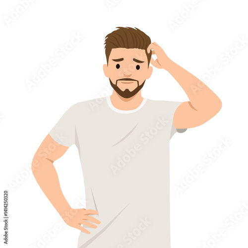 Young Man Scratching Head in Confusion. unsure about something he is thinking through. Flat vector illustration isolated on white background