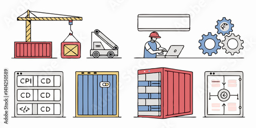 Digital Logistics & IT Vector Art: Shipping Containers, Software, Code, Automation Gears