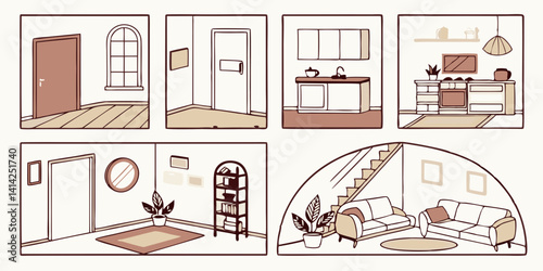 Beige & Brown Cartoon Home Interior - Minimalist Line Art Rooms, Kitchen, Living, Hallway