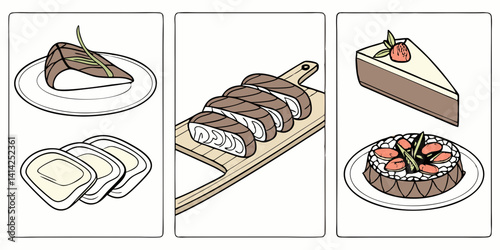 Cartoon Food Illustrations: Salmon Fillet, Ravioli, Cake Slice, Decorated Cake