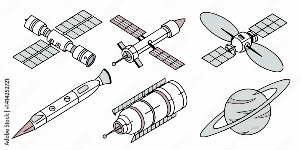 Isometric Spacecraft Satellites and Saturn Planet Illustrations Isometric Spacecraft Satellites and Saturn Planet Illustrations