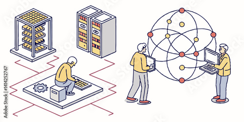 Isometric IT Data Network Illustration Servers Storage IT Staff Managing Data Network