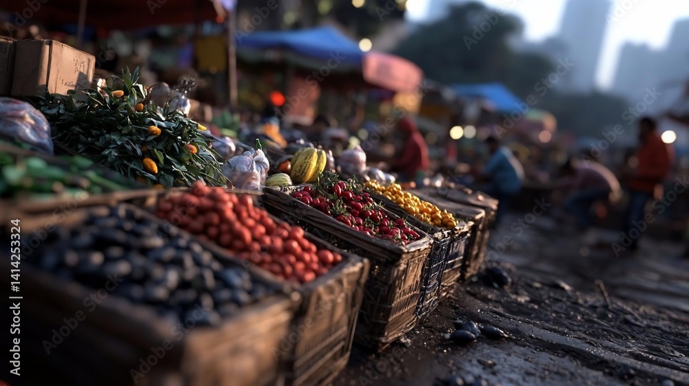 A vibrant outdoor market scene showcasing a variety of fresh produce in wooden crates. Blurred background with people and buildings, creating a bustling atmosphere