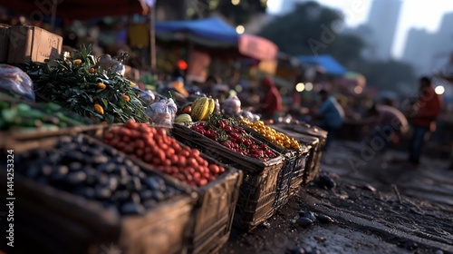 Obraz na płótnie A vibrant outdoor market scene showcasing a variety of fresh produce in wooden crates. Blurred background with people and buildings, creating a bustling atmosphere w salonie