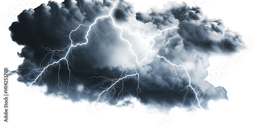 dark thunderstorm clouds with lightnings isolated on white background PNG. GENERATIVE AI