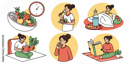 Cartoon Woman's Healthy Lifestyle: Eating Salad, Reading, Relaxing - Wellness and Wellbeing