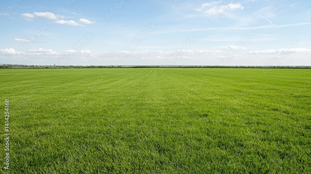 Expansive field of vibrant green grass stretches to the horizon under a clear blue sky with scattered clouds. A vast expanse of manicured lawn Expansive field of vibrant green grass stretches to the horizon under a clear blue sky with scattered clouds. A vast expanse of manicured lawn
