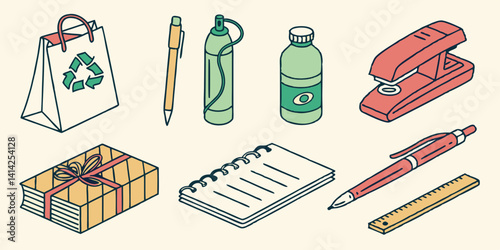 Isometric Office and School Desk Stationery Set Bag Pen Stapler Ruler