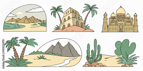 Desert Scenes Cartoon Vector: Pyramids, Taj Mahal, Ziggurat, Mountains, Cacti, Palm Trees