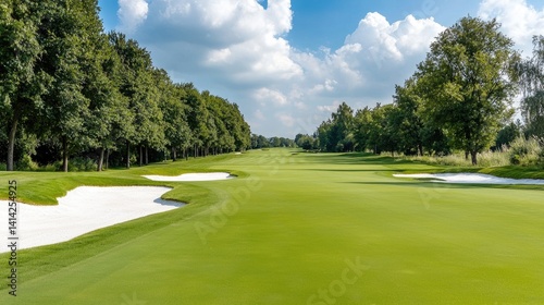 Lush green golf course panoramic view ideal for leisure and travel marketing
