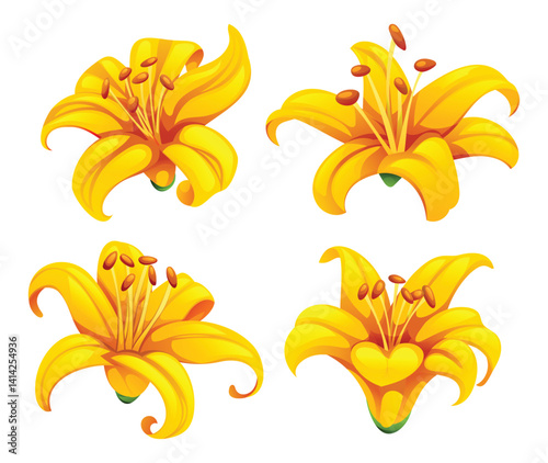 Bright yellow lilies with smooth petal curves and vivid shading for decor use. Vector cartoon illustration