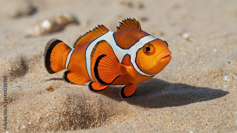 Obraz premium A vibrant clownfish glides over sandy ocean floor, showcasing its bright orange and white hues.