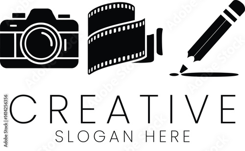 Black Camera Film Pencil Creative Design Photography Studio art logo icon white image     