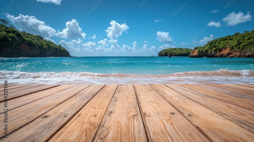 Fototapeta premium Tranquil Beach Paradise: Wooden Deck Overlooking Turquoise Waters and Lush Greenery