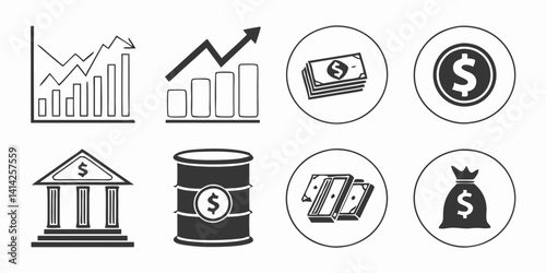 Black and White Vector Icons of Finance Money Business Investment Bank Oil Growth