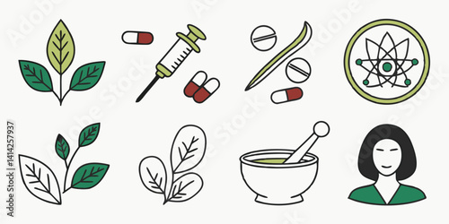 Natural Medicine & Pharmacy Vector Icons: Herbal, Pills, Syringe, Mortar, Line Art