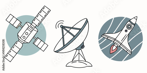 Space Tech Icons Satellite Dish Rocket Cartoon Vector Illustration