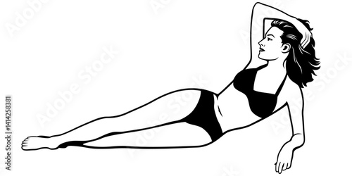 Woman in Bikini Lying on Beach. Black and white vector clipart isolated on white.