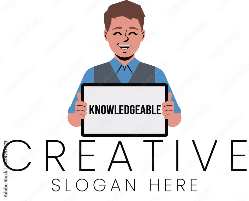 Smiling Man Holding Tablet Knowledgeable Creative Design flat icon logo happy style clean Smiling Man Holding Tablet Knowledgeable Creative Design flat icon logo happy style clean