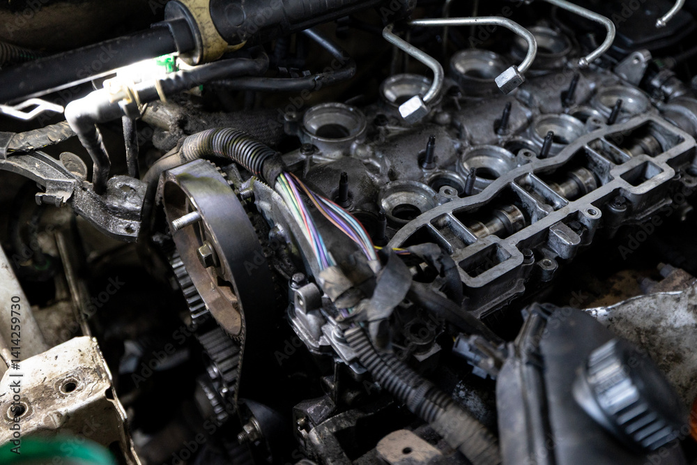 A close-up shows the upper part of a partially disassembled engine inside a vehicle, illuminated by a work light. A close-up shows the upper part of a partially disassembled engine inside a vehicle, illuminated by a work light.