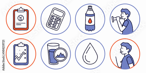 Health Wellness Medical Hydration Icons Vector Line Art Set with Clipboard Calculator Water Bottle Spirometer Stethoscope
