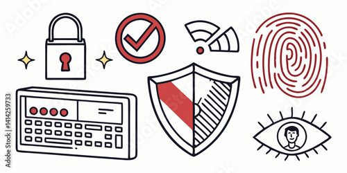 Security Icons: Lock, Shield, Fingerprint, Eye Scan, Password, Wifi, Check Mark - Cybersecurity, Data Protection, Access, Doodle